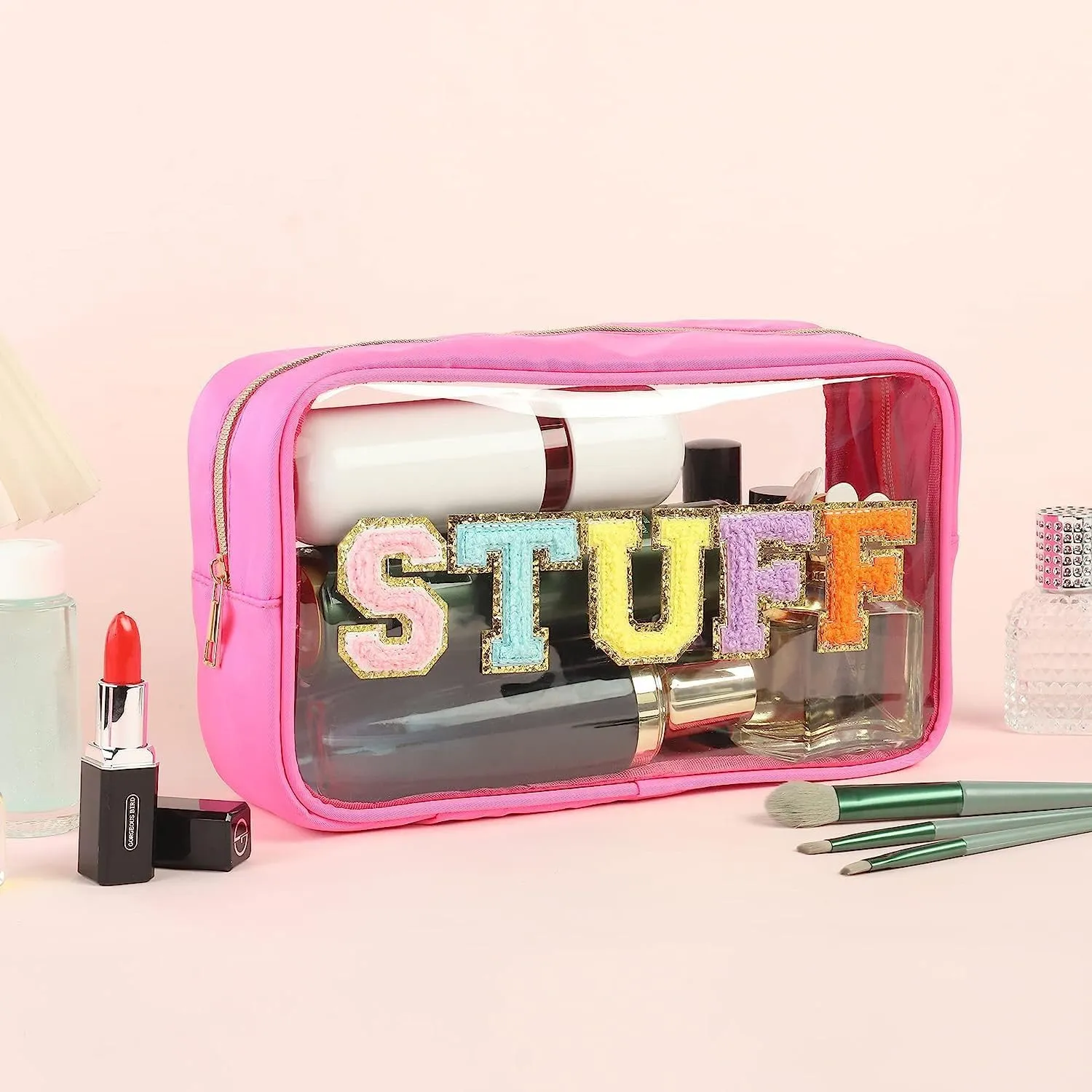 Chenille Letters Makeup Bag - Clear Glitter Preppy Patch Stuff Cosmetic Bag for Travel, Beach - Magenta (10.62*6.29*3.54 inch)