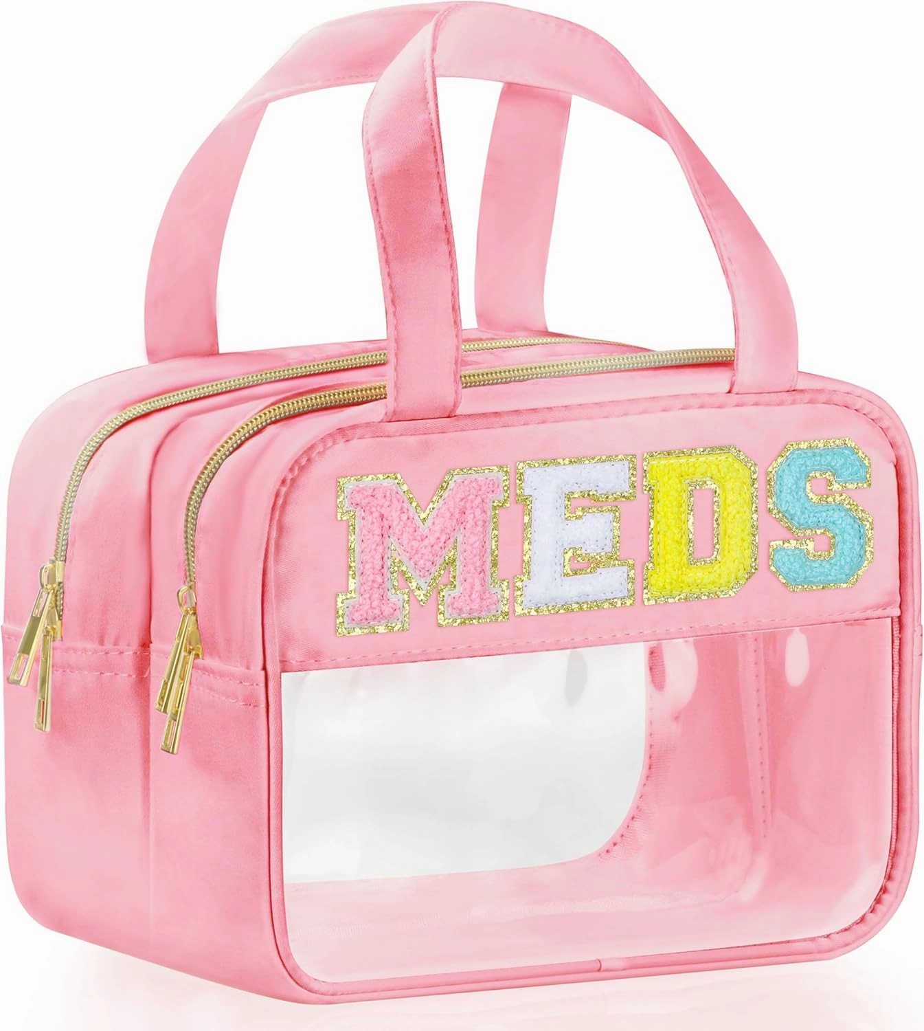 Chenille Letter Clear Medicine Makeup Bag for Travel, Preppy Patch Nylon Cosmetic Meds Pouch with Handles and Zipper, Waterproof Large Travel Toiletry Bag Storage Case for Women Pink