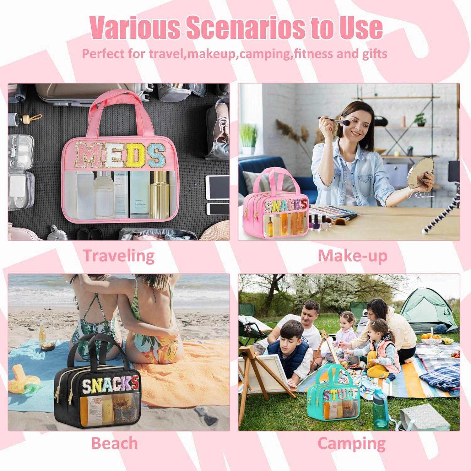 Chenille Letter Clear Medicine Makeup Bag for Travel, Preppy Patch Nylon Cosmetic Meds Pouch with Handles and Zipper, Waterproof Large Travel Toiletry Bag Storage Case for Women Pink