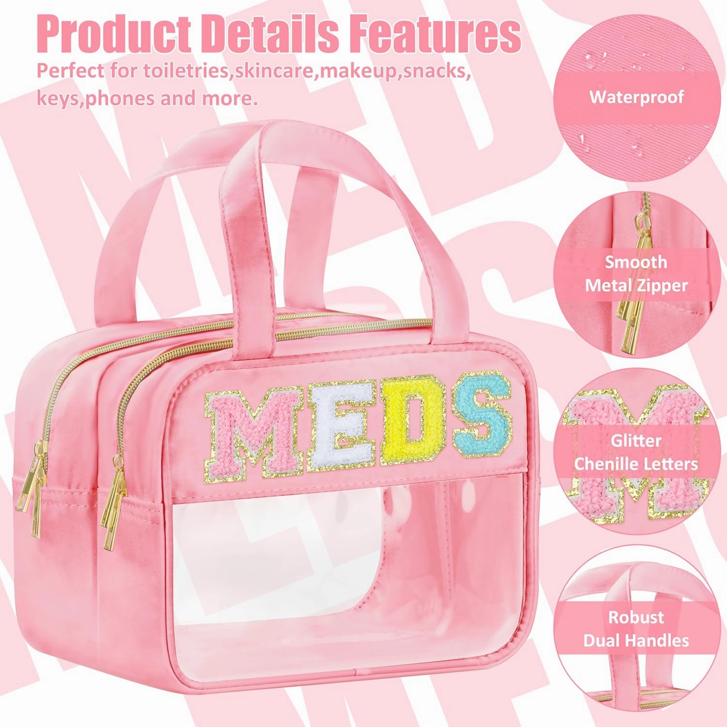 Chenille Letter Clear Medicine Makeup Bag for Travel, Preppy Patch Nylon Cosmetic Meds Pouch with Handles and Zipper, Waterproof Large Travel Toiletry Bag Storage Case for Women Pink