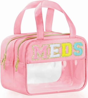 Chenille Letter Clear Medicine Makeup Bag for Travel, Preppy Patch Nylon Cosmetic Meds Pouch with Handles and Zipper, Waterproof Large Travel Toiletry Bag Storage Case for Women Pink