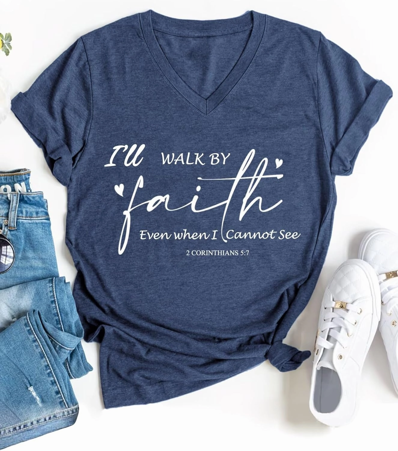 Christian Shirt Women I Will Walk by Faith Bible Verse V Neck Graphic Tees Tshirt Inspirational God Religious T-Shirt