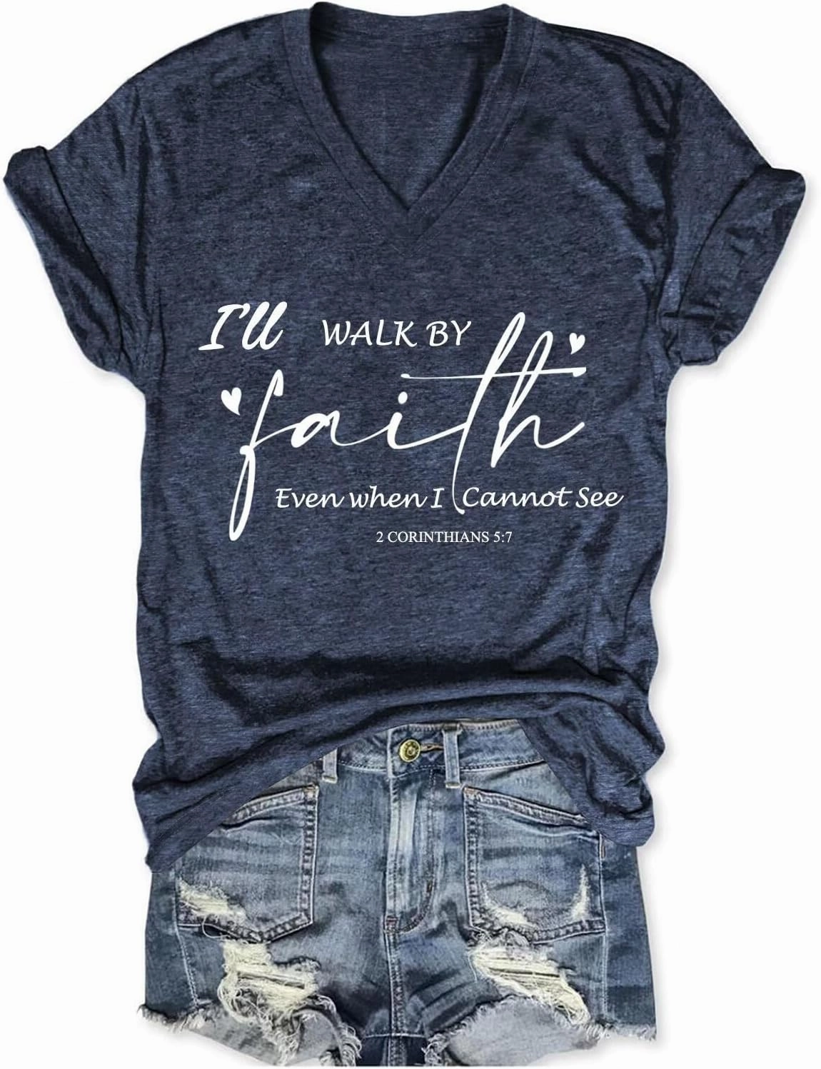 Christian Shirt Women I Will Walk by Faith Bible Verse V Neck Graphic Tees Tshirt Inspirational God Religious T-Shirt
