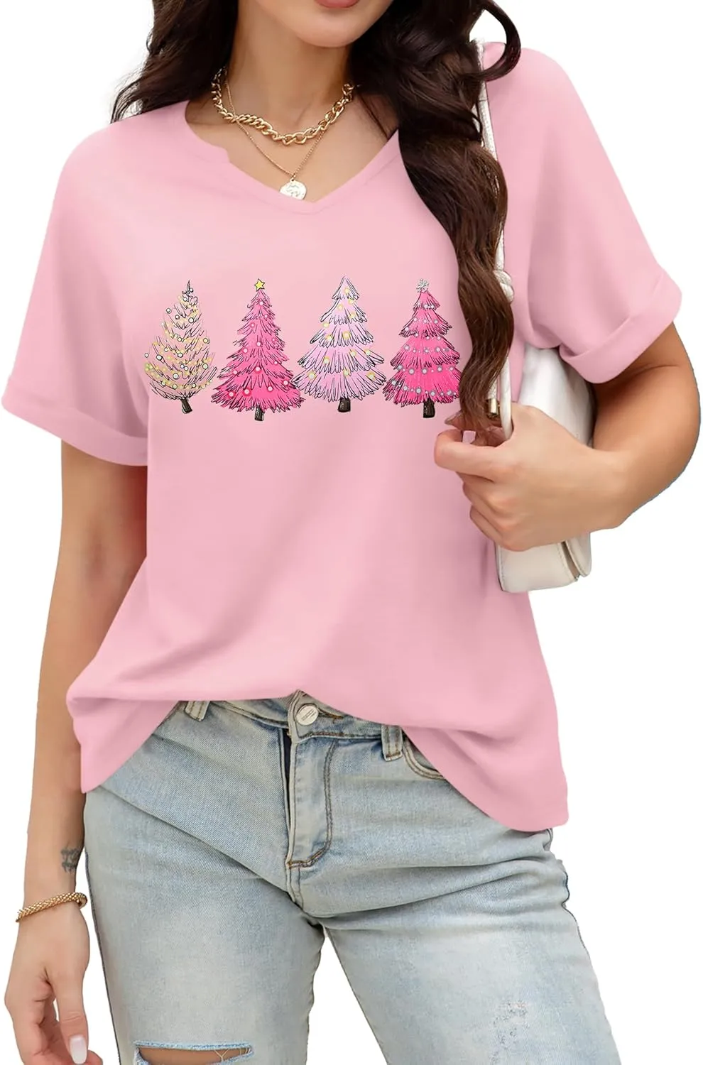 Christmas Shirts Women Merry Christmas Letter T-Shirt Christmas Graphic Shirt Xmas Holiday Casual V Neck Short Sleeve Tops