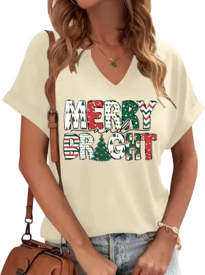 Christmas Shirts Women Merry Christmas Letter T-Shirt Christmas Graphic Shirt Xmas Holiday Casual V Neck Short Sleeve Tops