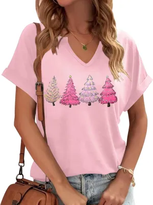 Christmas Shirts Women Merry Christmas Letter T-Shirt Christmas Graphic Shirt Xmas Holiday Casual V Neck Short Sleeve Tops