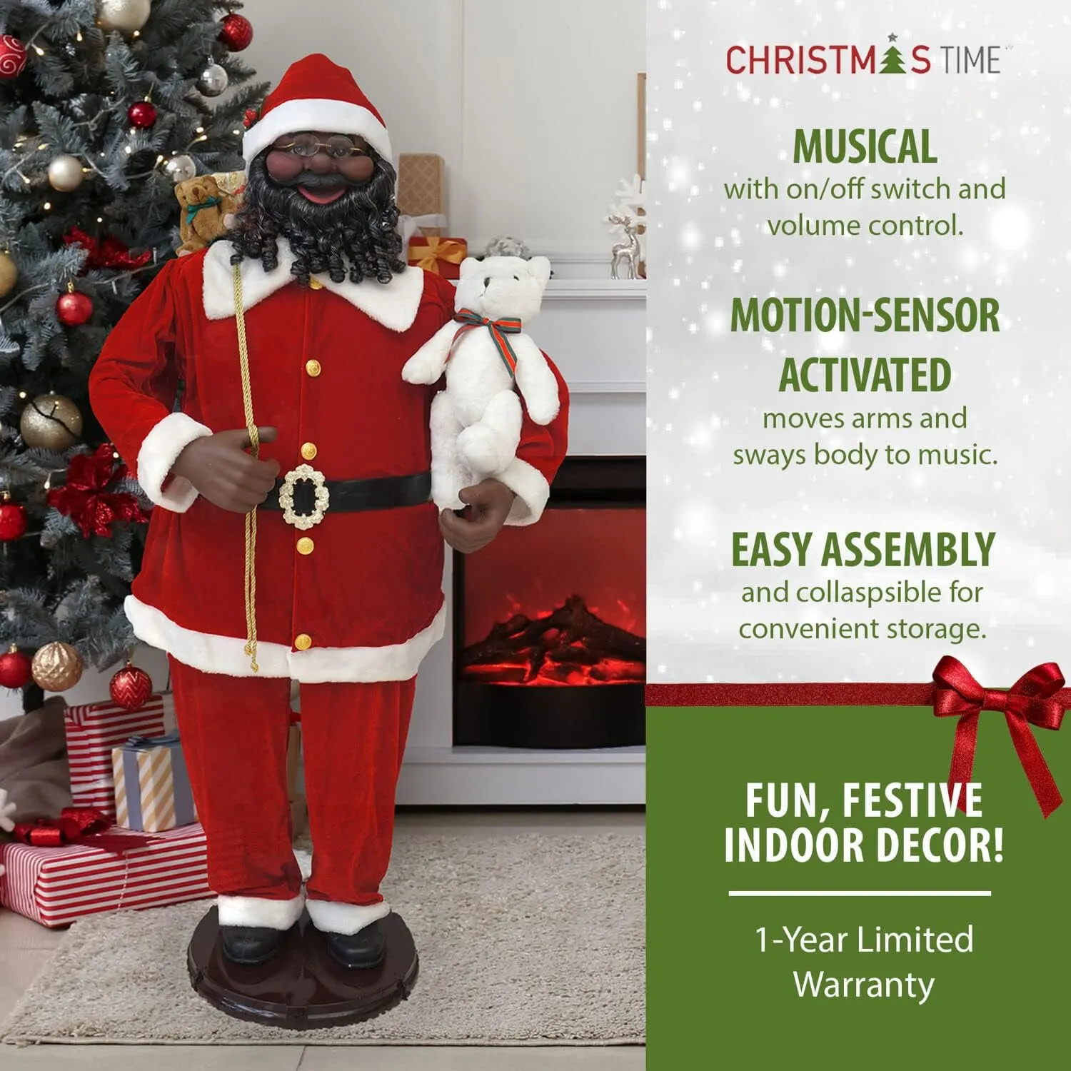 Christmas Time 58-in. African American Dancing Santa with Toy Sack and Teddy Bear | Indoor Animated Home Holiday Decor | Dancing Christmas Decorations | CT-SC058-2RD6-AA