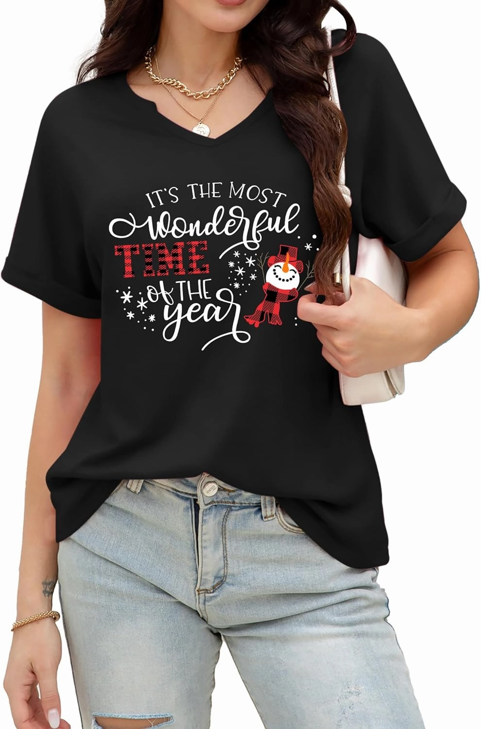 Christmas Shirts Women Merry Christmas Letter T-Shirt Christmas Graphic Shirt Xmas Holiday Casual V Neck Short Sleeve Tops