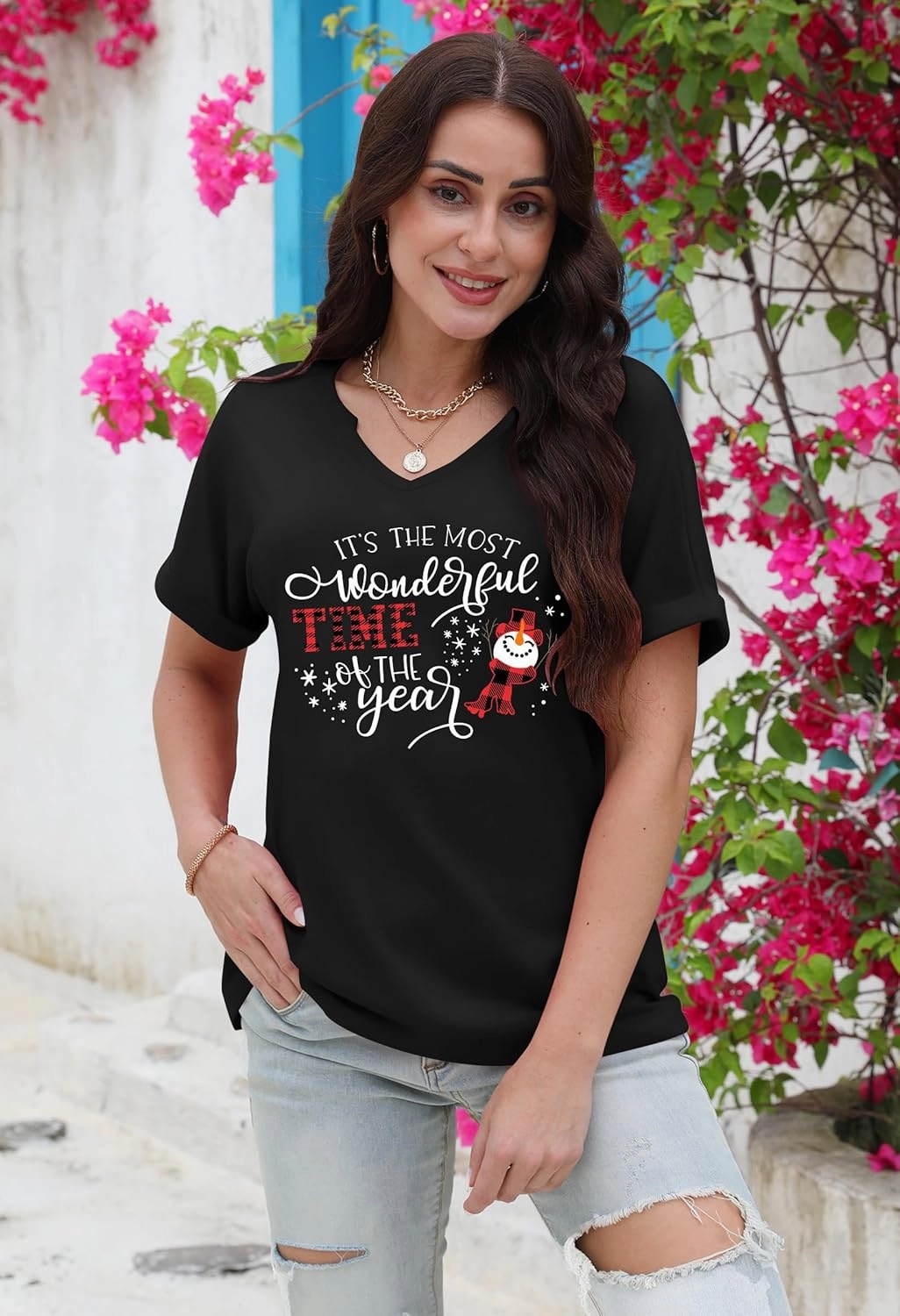 Christmas Shirts Women Merry Christmas Letter T-Shirt Christmas Graphic Shirt Xmas Holiday Casual V Neck Short Sleeve Tops