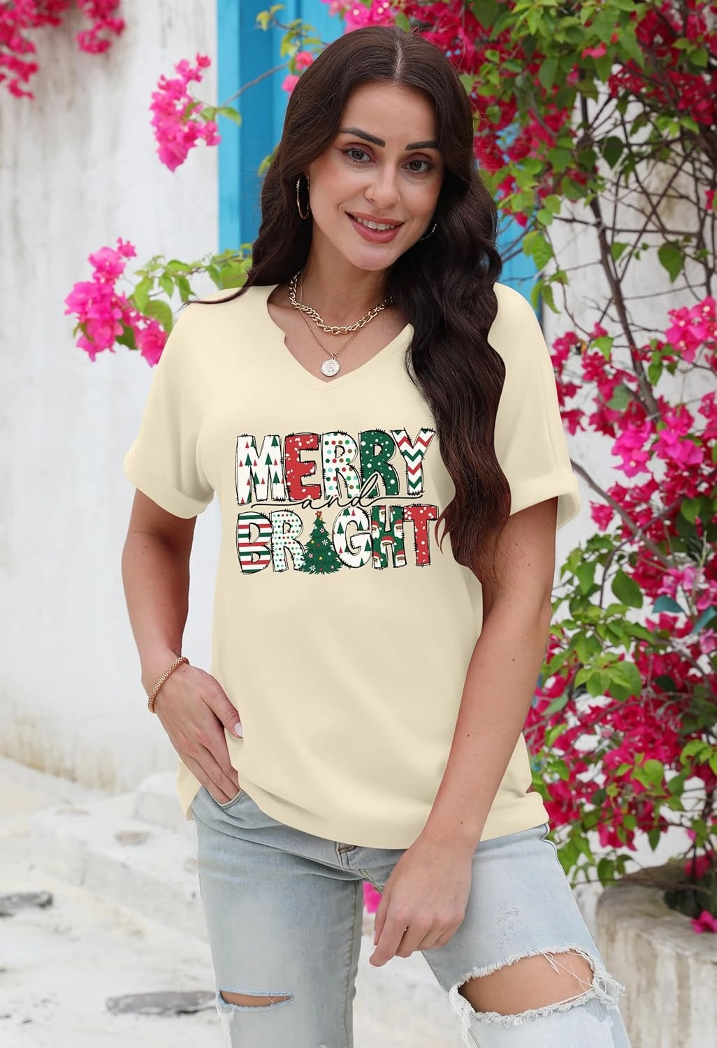 Christmas Shirts Women Merry Christmas Letter T-Shirt Christmas Graphic Shirt Xmas Holiday Casual V Neck Short Sleeve Tops