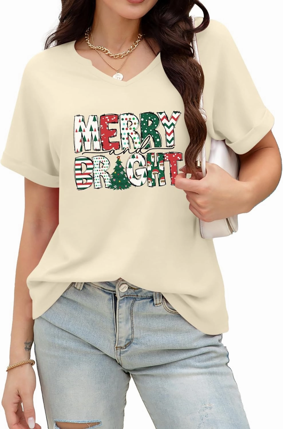 Christmas Shirts Women Merry Christmas Letter T-Shirt Christmas Graphic Shirt Xmas Holiday Casual V Neck Short Sleeve Tops
