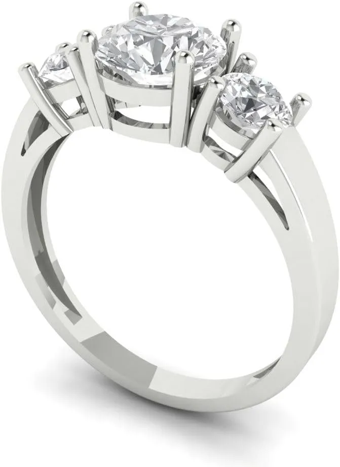 Clara Pucci 1.5Ct Round Cut Three-Stone Moissanite Engagement Ring - Solid 14K White Gold