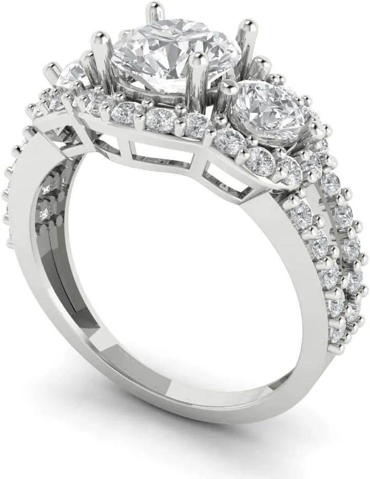 Clara Pucci 2.16 ct Round Cut Synthetic White Sapphire 14k White Gold Solitaire W/Accents 3 Stone anniversary Wedding Engagement Ring