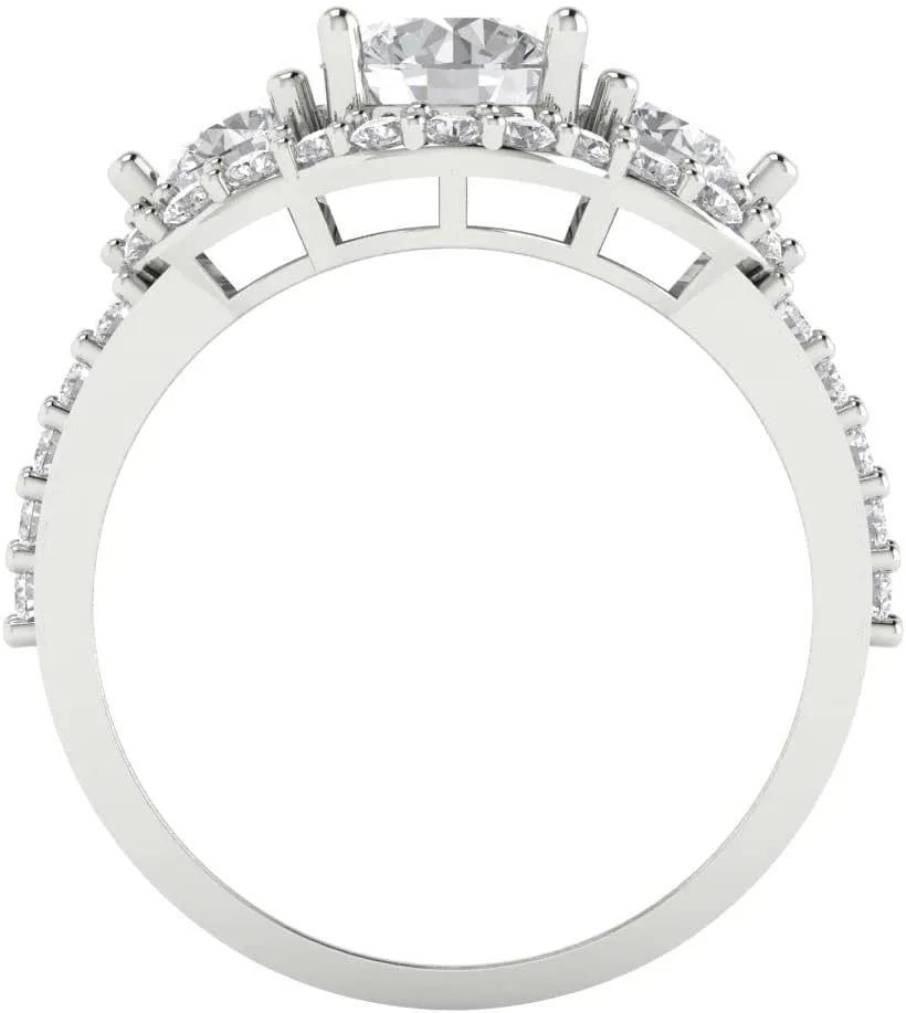 Clara Pucci 2.16 ct Round Cut Synthetic White Sapphire 14k White Gold Solitaire W/Accents 3 Stone anniversary Wedding Engagement Ring