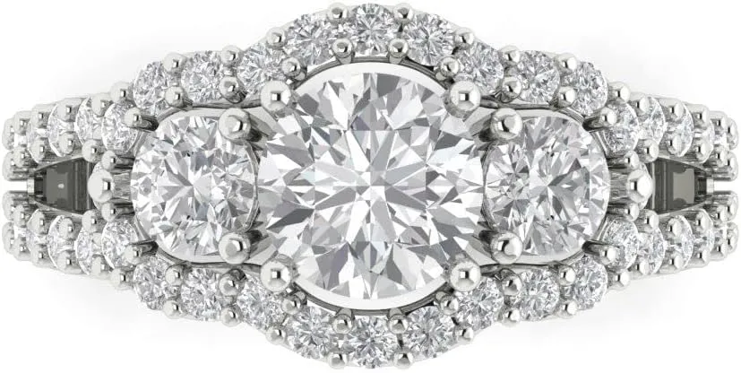 Clara Pucci 2.16 ct Round Cut Synthetic White Sapphire 14k White Gold Solitaire W/Accents 3 Stone anniversary Wedding Engagement Ring