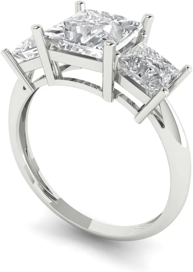 Clara Pucci 2.5Ct Princess Cut Three-Stone Moissanite Engagement Ring - Solid 14K White Gold