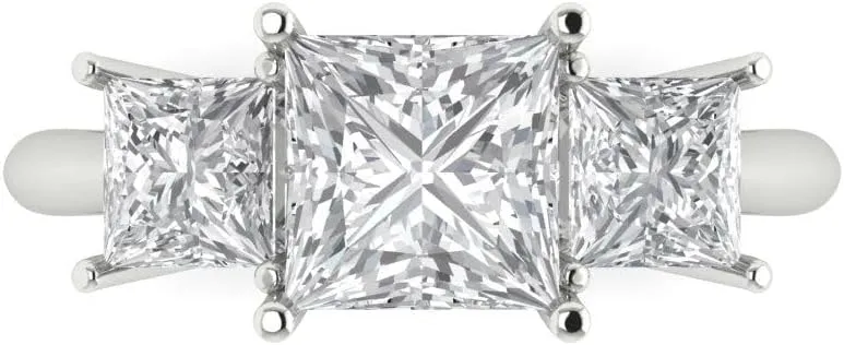 Clara Pucci 2.5Ct Princess Cut Three-Stone Moissanite Engagement Ring - Solid 14K White Gold