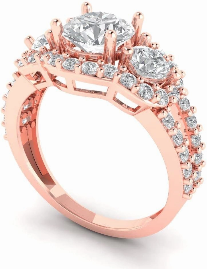 Clara Pucci 2.16 ct Brilliant Round Cut Simulated Diamond 14k Rose Gold Solitaire W/Accents 3 Stone anniversary Wedding Engagement Ring