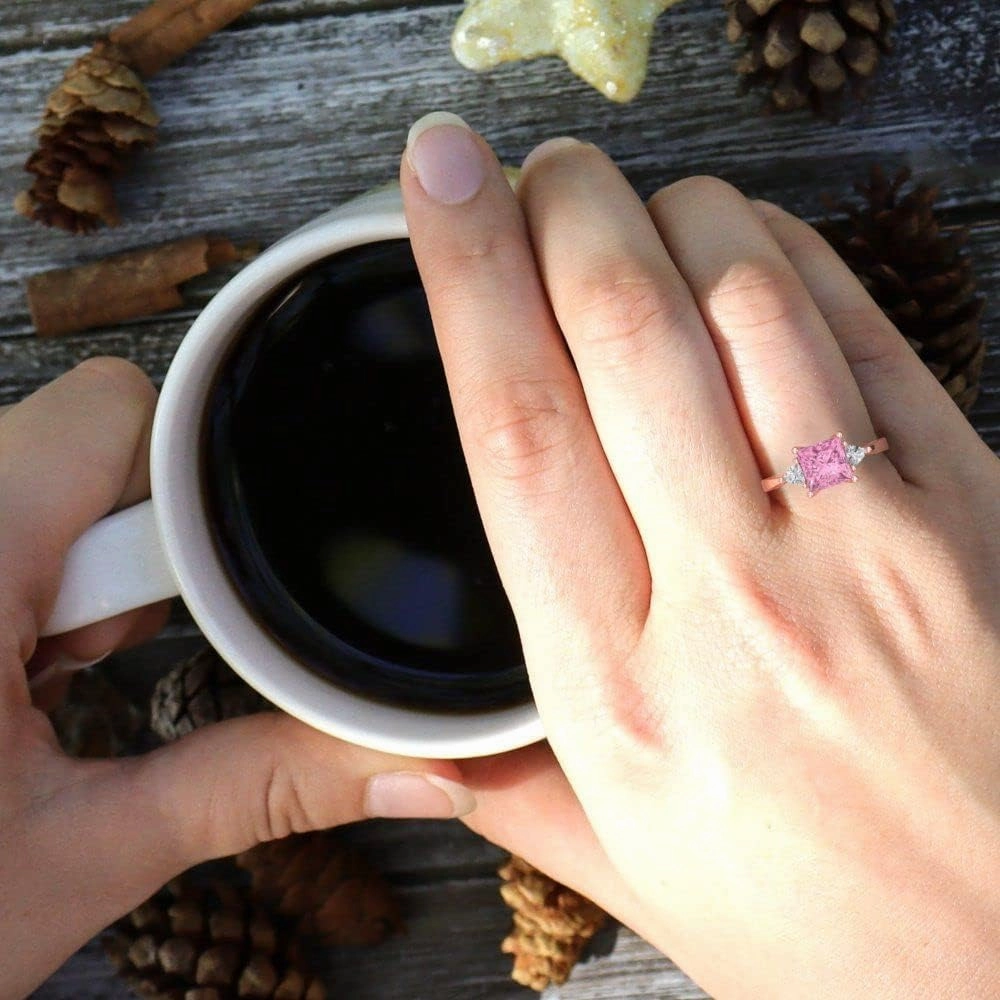 Clara Pucci 2.32 ct Brilliant Princess Cut Simulated Pink Diamond 18K Rose Gold 3 Stone Anniversary Wedding Designer Engagement Ring