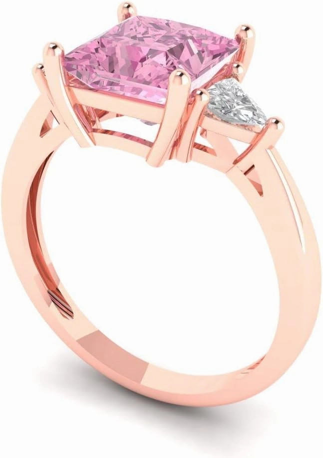 Clara Pucci 2.32 ct Brilliant Princess Cut Simulated Pink Diamond 18K Rose Gold 3 Stone Anniversary Wedding Designer Engagement Ring