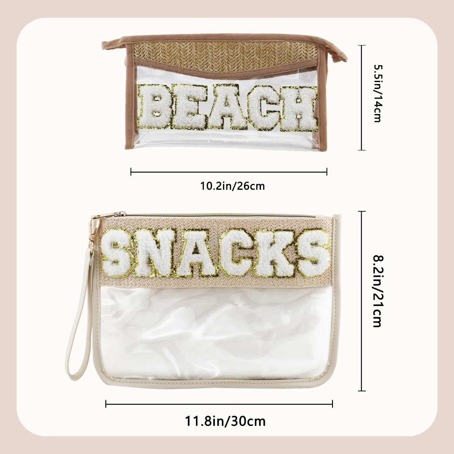 Clear Snacks Bag, Letter Travel Zipper Bags, Waterproof Clear Makeup Cosmetic Bag Storage Organizer Toiletry Bag for Women with Glitter Patch Letter (Snacks and Beach), SnackBeach-XD05-B