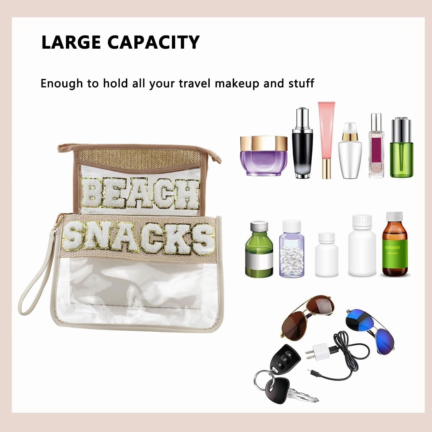 Clear Snacks Bag, Letter Travel Zipper Bags, Waterproof Clear Makeup Cosmetic Bag Storage Organizer Toiletry Bag for Women with Glitter Patch Letter (Snacks and Beach), SnackBeach-XD05-B