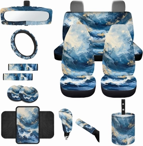 CLOHOMIN 14 Piece Blue Marble Print Car Seat Cover Set with Steering Wheel Cover Seat Belt Strap Cover Garbage Bin Armrest Cover Rearview Mirror Cover Coaster Gear Shift Knob Cover Set Fit SUV Sedan