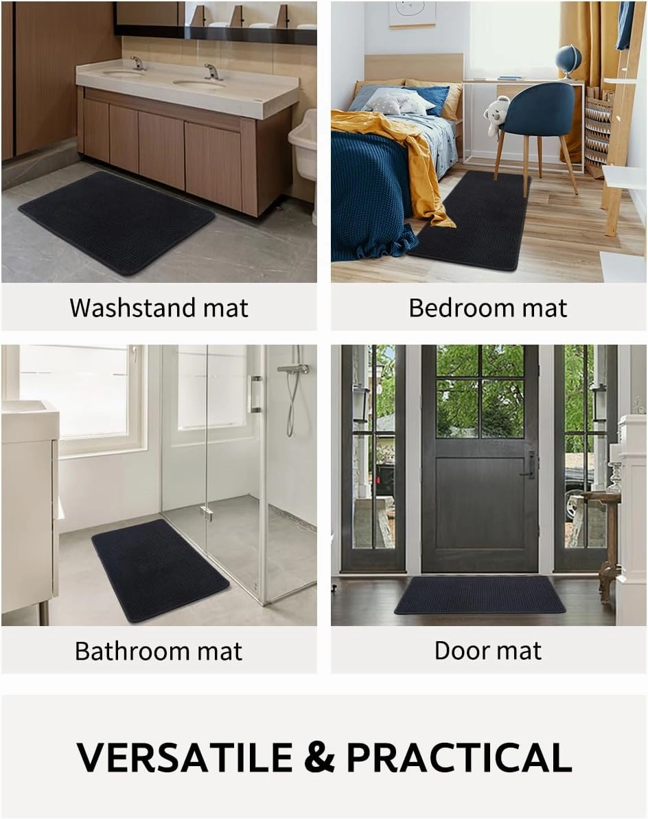 COCOER-Chenille Bath Mat-Rubber Backing Bathroom Rugs Non Slip-Super Absorbent Bath Mats for Bathroom Floor-Quick Dry Bathroom Mat Thin Bath Rugs Fit Under Door-Black 17''x40''