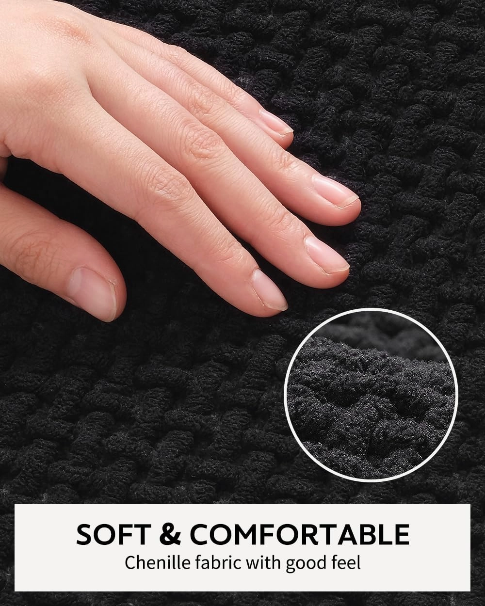 COCOER-Chenille Bath Mat-Rubber Backing Bathroom Rugs Non Slip-Super Absorbent Bath Mats for Bathroom Floor-Quick Dry Bathroom Mat Thin Bath Rugs Fit Under Door-Black 17''x40''