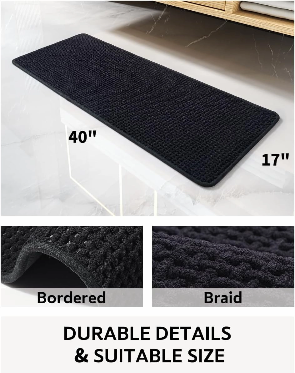 COCOER-Chenille Bath Mat-Rubber Backing Bathroom Rugs Non Slip-Super Absorbent Bath Mats for Bathroom Floor-Quick Dry Bathroom Mat Thin Bath Rugs Fit Under Door-Black 17''x40''