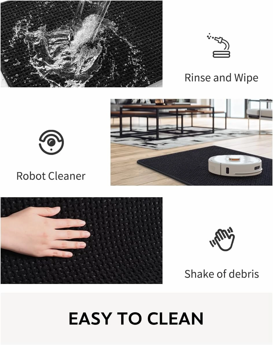 COCOER-Chenille Bath Mat-Rubber Backing Bathroom Rugs Non Slip-Super Absorbent Bath Mats for Bathroom Floor-Quick Dry Bathroom Mat Thin Bath Rugs Fit Under Door-Black 17''x40''
