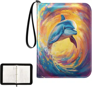 Colorful Dolphin Swirling Ocean Card Binder 4 Pocket, Trading Card Holder Fits 400 Game Cards with 50 Removable Sleeves, MTG Card Case Standard Size