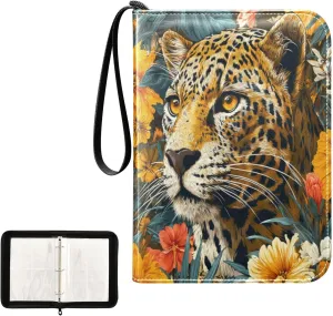 Colorful Leopard Flowers Card Binder 4 Pocket, Trading Card Holder Fits 400 Game Cards with 50 Removable Sleeves, MTG Card Case Standard Size