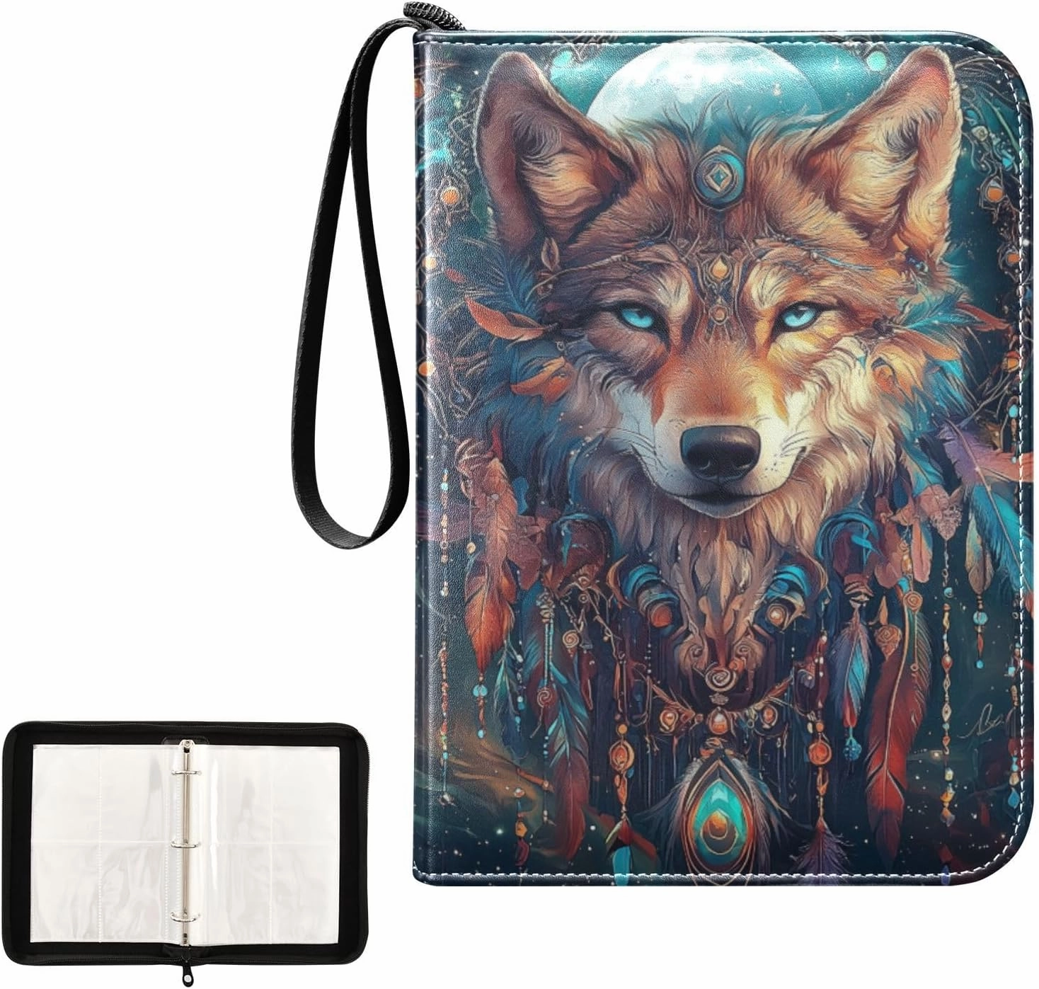 Colorful Wolf Moon Dream Catcher Feathers Card Binder 4 Pocket, Trading Card Holder Fits 400 Game Cards with 50 Removable Sleeves, MTG Card Case Standard Size