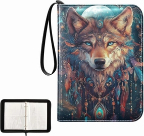 Colorful Wolf Moon Dream Catcher Feathers Card Binder 4 Pocket, Trading Card Holder Fits 400 Game Cards with 50 Removable Sleeves, MTG Card Case Standard Size