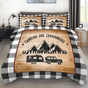 Comforter Set Queen Size, Camper Vintage Mountain Soft 3 Pcs Bedding for Kids and Adults, Board Plant Nature Comforter Set with Pillowcase, for Bedroom Bed Decor