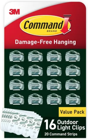 Command Outdoor Light Clips, 4 Pack of 16 Clear Clips and 20 Command Strips, Damage Free Hanging Light Clips with Adhesive Strips, Wall Clips for Hanging Outdoor Lights and Cables Outside