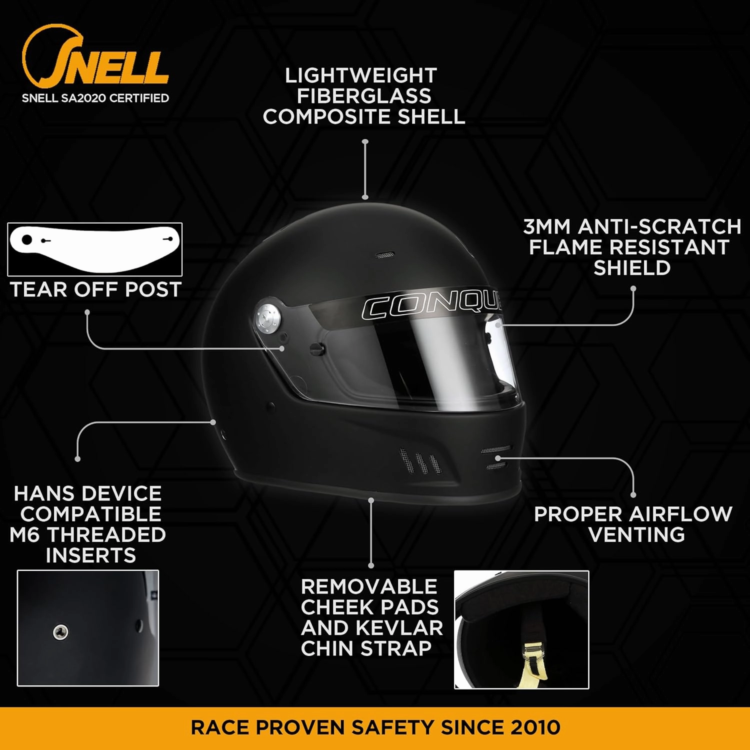 Conquer Snell SA2020 Approved Full Face Auto Racing Race Car Helmet - Adult | Men | Women | Youth - Black or White