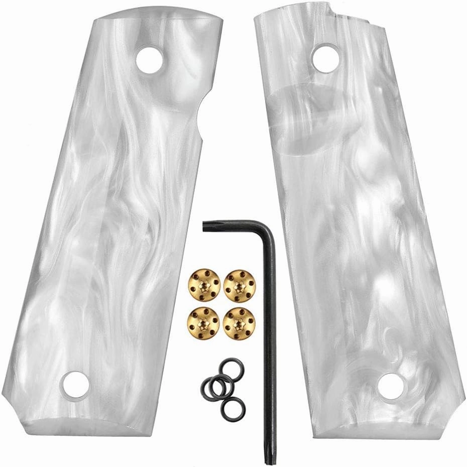 Cool Hand 1911 Grips for Kimber, Colt, Rock Island, Springfield, Tauru, High Polished Synthetic Pearl, Full Size (Government/Commander), Gold Screws Included, Ambi Safety Cut