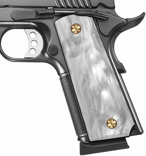 Cool Hand 1911 Grips for Kimber, Colt, Rock Island, Springfield, Tauru, High Polished Synthetic Pearl, Full Size (Government/Commander), Gold Screws Included, Ambi Safety Cut
