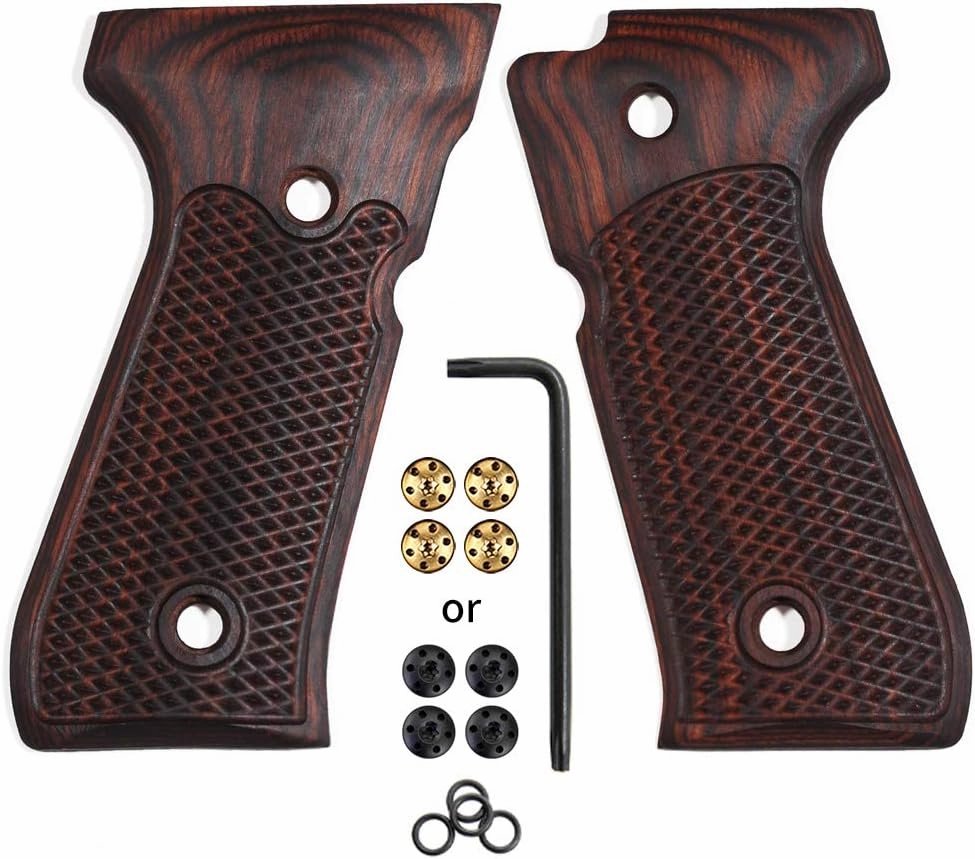 Cool Hand Wood Grips for Beretta 92/96 Full Size, 92 fs, m9, 92a1, 92 INOX, Gold Grips Screws Included, Checker Diamond Cut Texture, 1/4" Thin