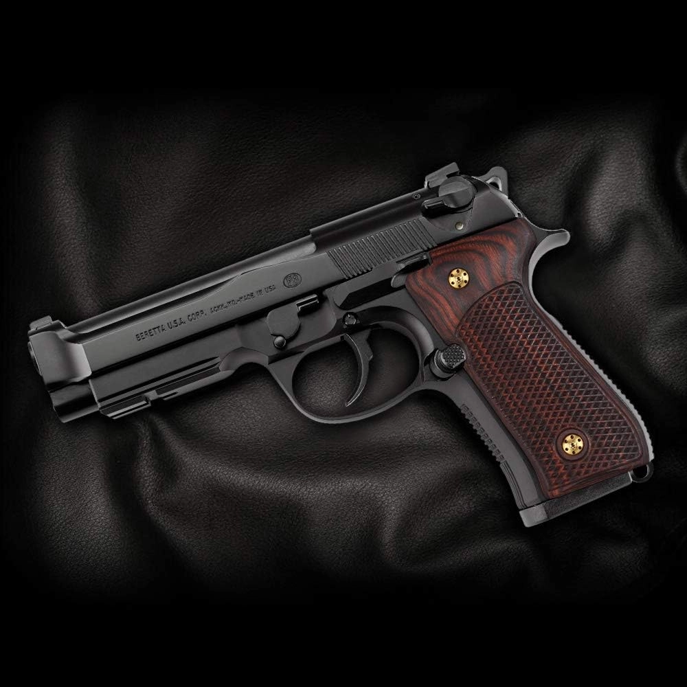 Cool Hand Wood Grips for Beretta 92/96 Full Size, 92 fs, m9, 92a1, 92 INOX, Gold Grips Screws Included, Checker Diamond Cut Texture, 1/4" Thin
