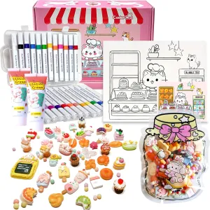 COOLORCAT Paint Pre-Drawn Canvas Cute Decoden 60  Charms Craft Kit, 24 Acrylic Markers DlY Art Supplies Arts and Crafts for Kids Ages 6-12 Toys Girls Boys Birthday Gift (Kitty Bakery)