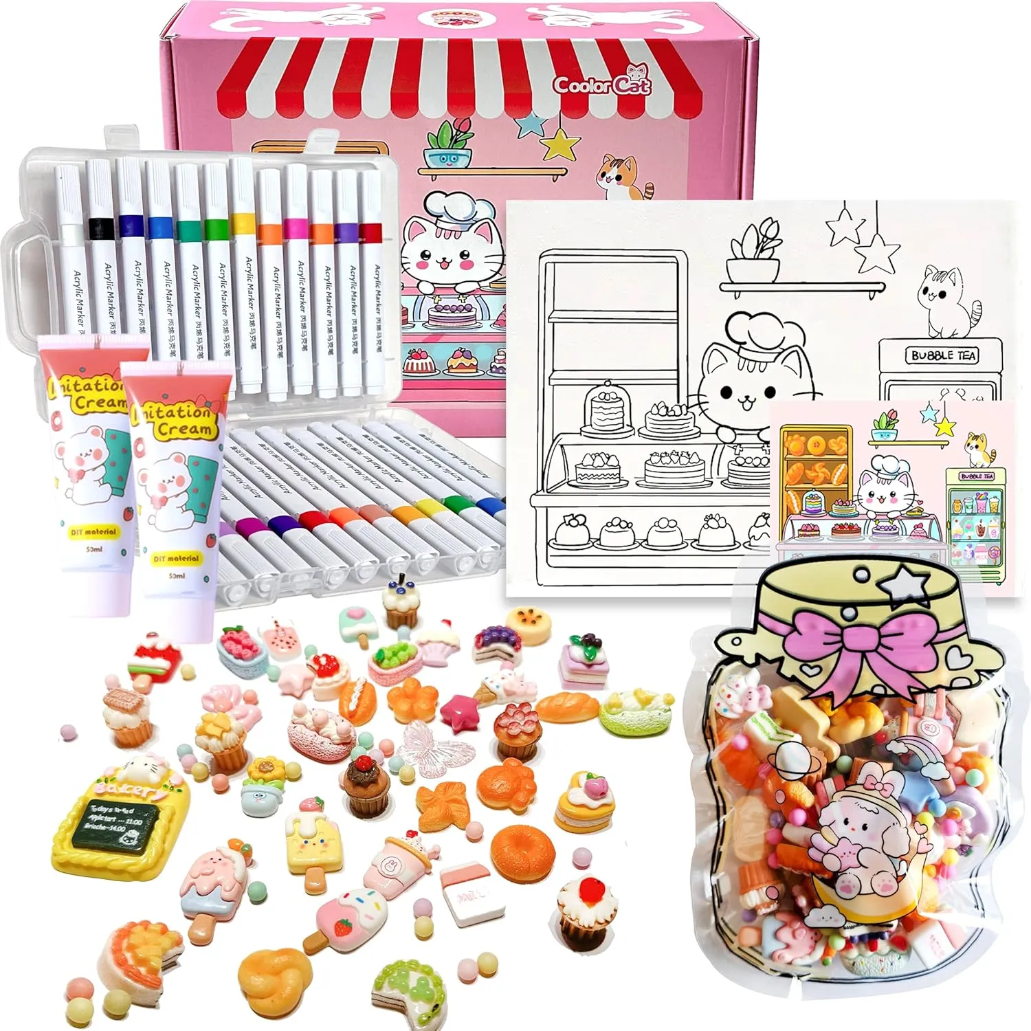 COOLORCAT Paint Pre-Drawn Canvas Cute Decoden 60  Charms Craft Kit, 24 Acrylic Markers DlY Art Supplies Arts and Crafts for Kids Ages 6-12 Toys Girls Boys Birthday Gift (Kitty Bakery)