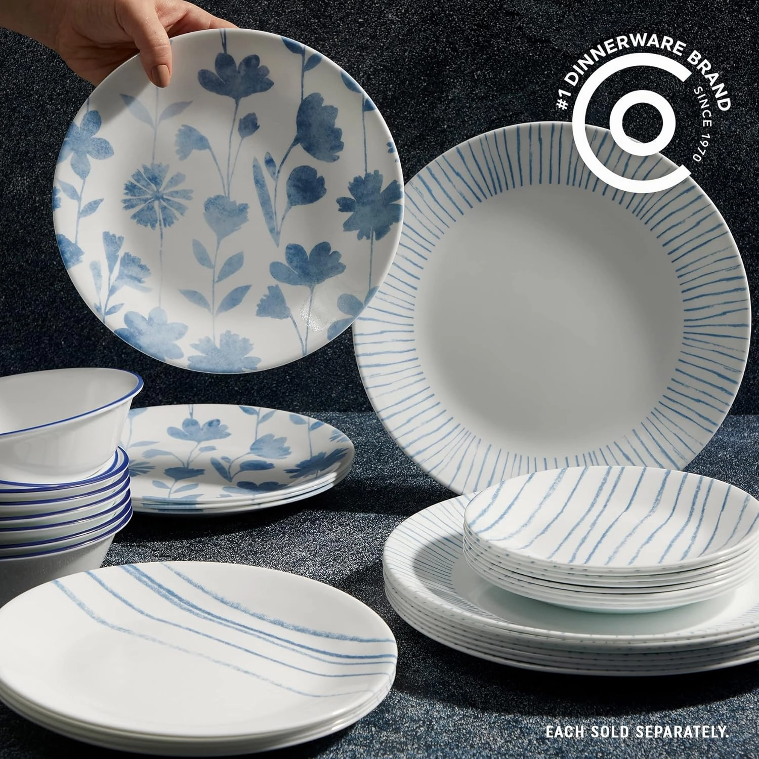 Corelle 6-Piece 8.5" Vitrelle Glass Lunch Plates, Lightweight, Scratch Resistant - Botanical Stripes