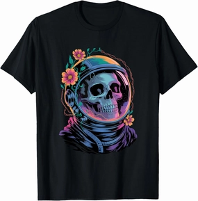 Cosmic Skull in Retro Space Helmet Astronaut Floral Orbit T-Shirt
