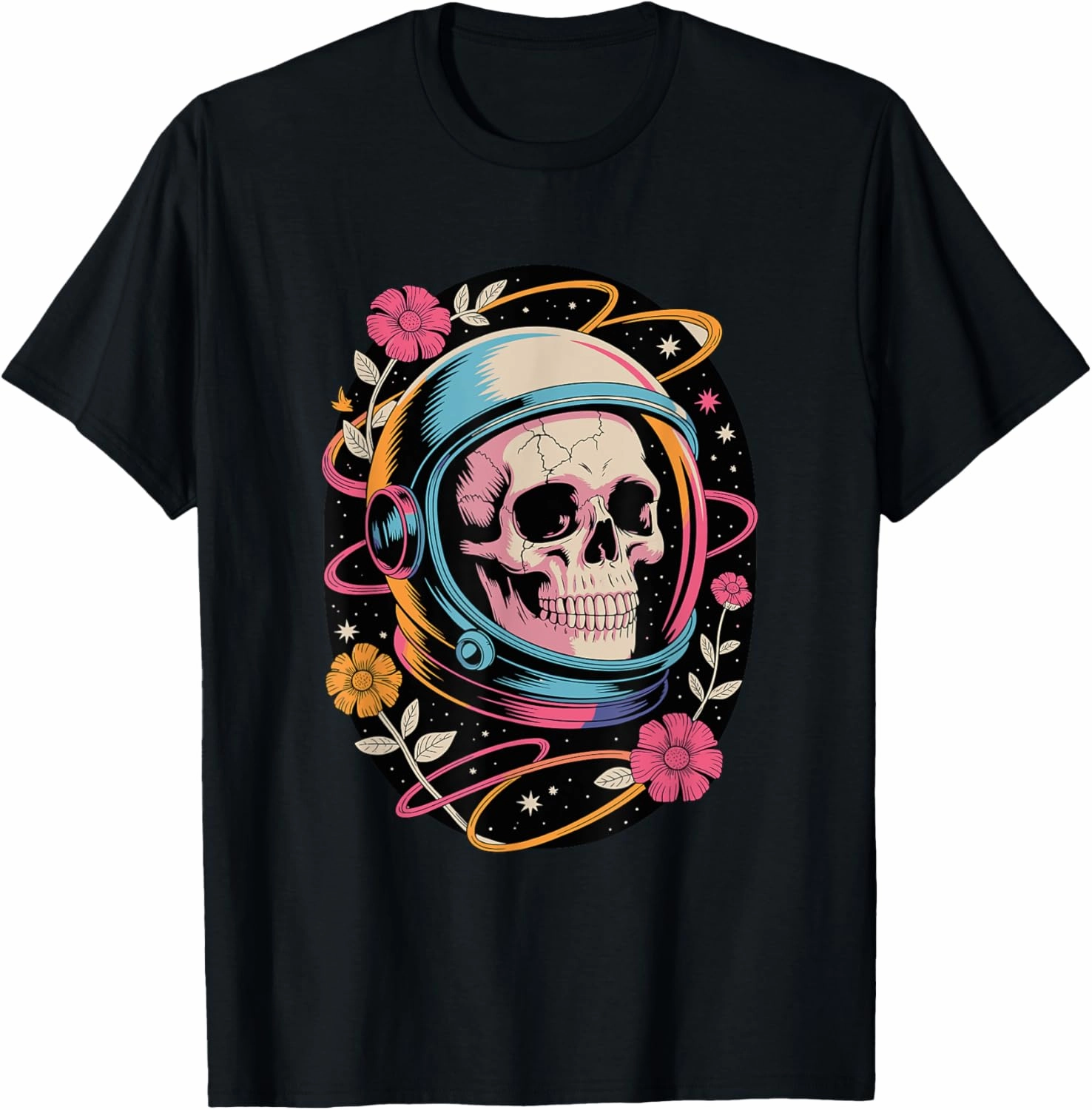 Cosmic Skull in Retro Space Helmet Astronaut Floral Orbit T-Shirt