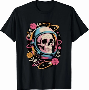 Cosmic Skull in Retro Space Helmet Astronaut Floral Orbit T-Shirt