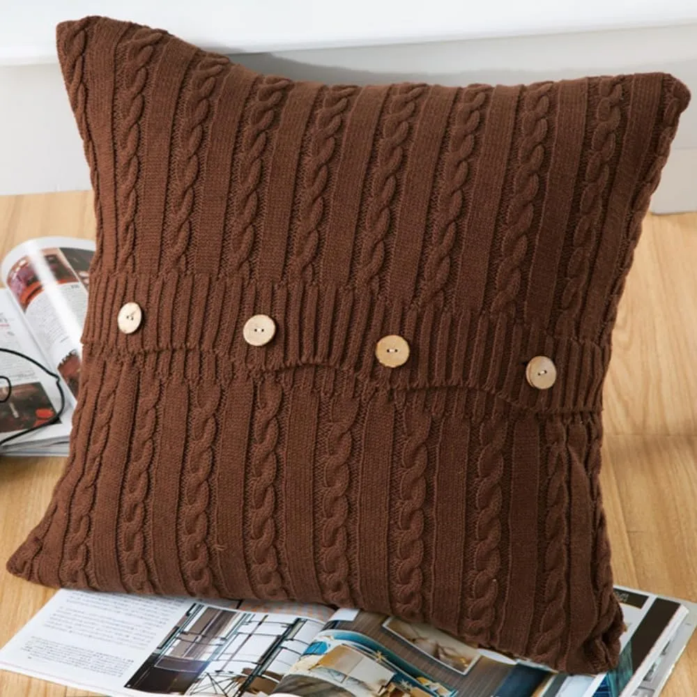 Cotton Knitted Decorative Soft Warm Throw Pillow Case Cushion Cover Home Decor Pillow Cover with Buttons 18" x 18" (Cover Only, Brown)