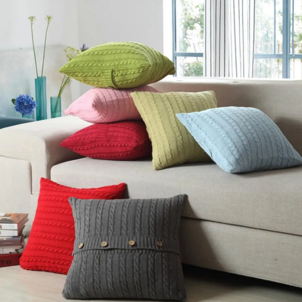 Cotton Knitted Decorative Soft Warm Throw Pillow Case Cushion Cover Home Decor Pillow Cover with Buttons 18" x 18" (Cover Only, Brown)